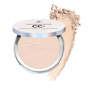 IT Cosmetics CC+ Airbrush Perfecting Powder Foundation - Buildable Full Coverage Of Pores & Dark Spots - Hydrating Face Makeup with Hydrolyzed Collagen & Niacinamide - 0.33 Oz