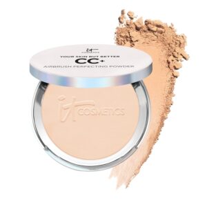 IT Cosmetics CC+ Airbrush Perfecting Powder Foundation - Buildable Full Coverage Of Pores & Dark Spots - Hydrating Face Makeup with Hydrolyzed Collagen & Niacinamide - 0.33 Oz